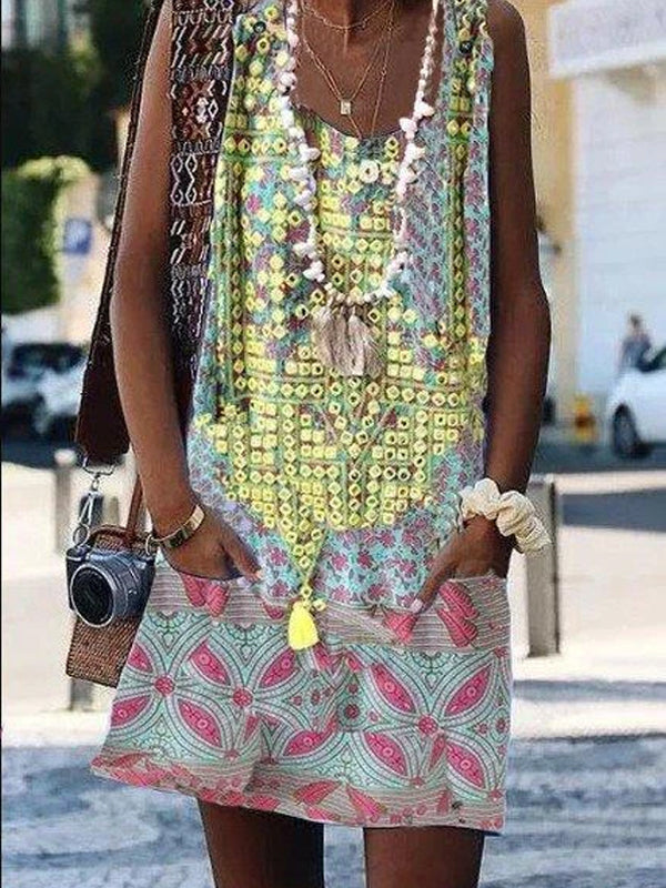 Casual Crew Neck Sleeveless Cotton-Blend Dresses