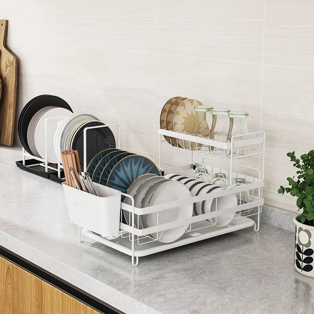 2 Tier Dish Drying Racks with Utensil Holder, Dishes Drainer and Removable Drainboard