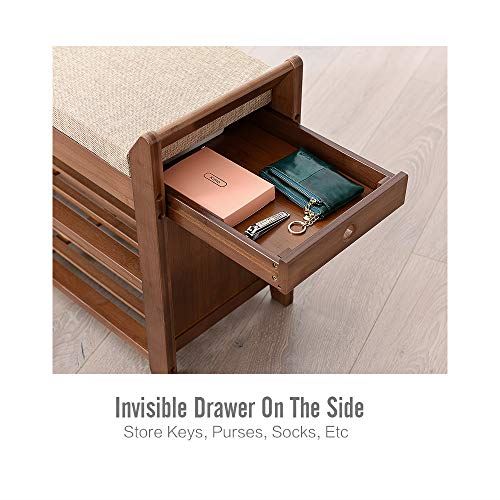 Bamboo Shoe Rack Bench with Removable Cushion Hidden Drawer and Umbrella Stand