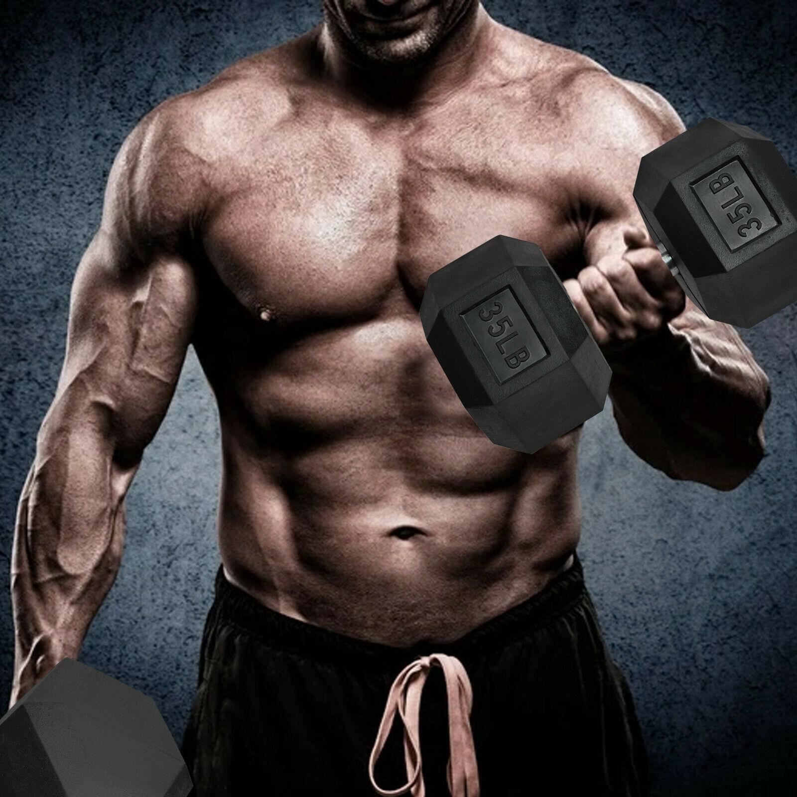 10Pair Rubber Dumbbells 5-50 lb with Dumbbells Rack Hexagonal Home Gym Equipment