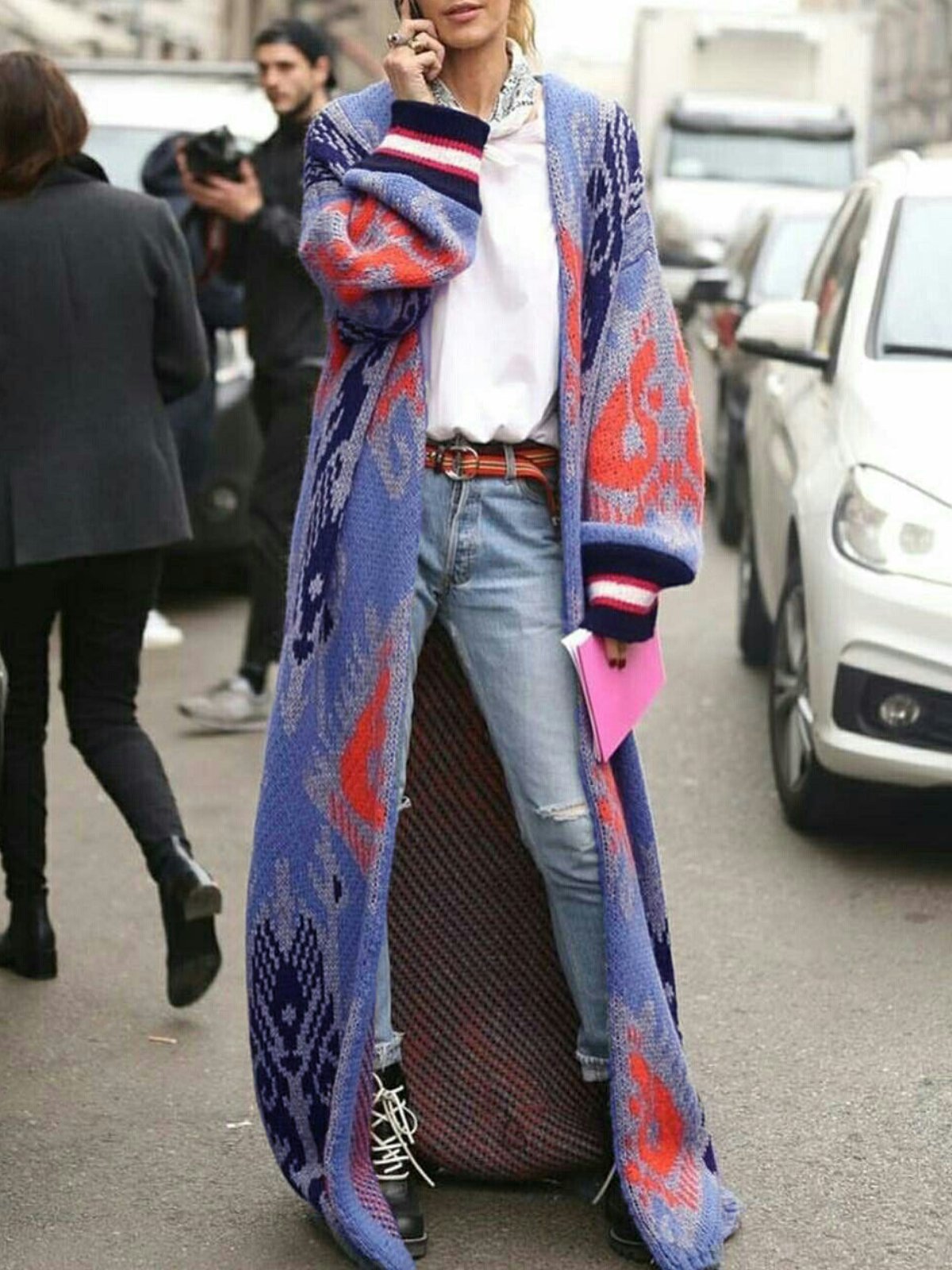 Blue Knitted Printed Long Sleeve Outerwear