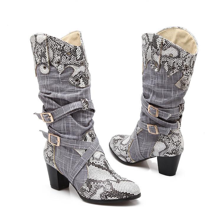 Women Snakeskin Pattern PU Chunky Heel Mid Calf Boots Artificial Leather Booties