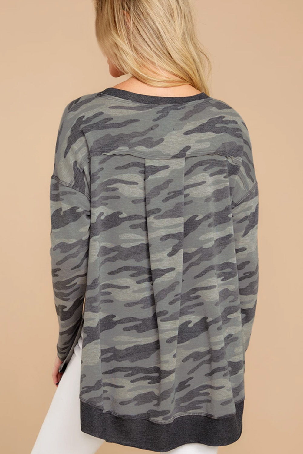 Camo Drop Shoulder High Low Hem Sweatshirt