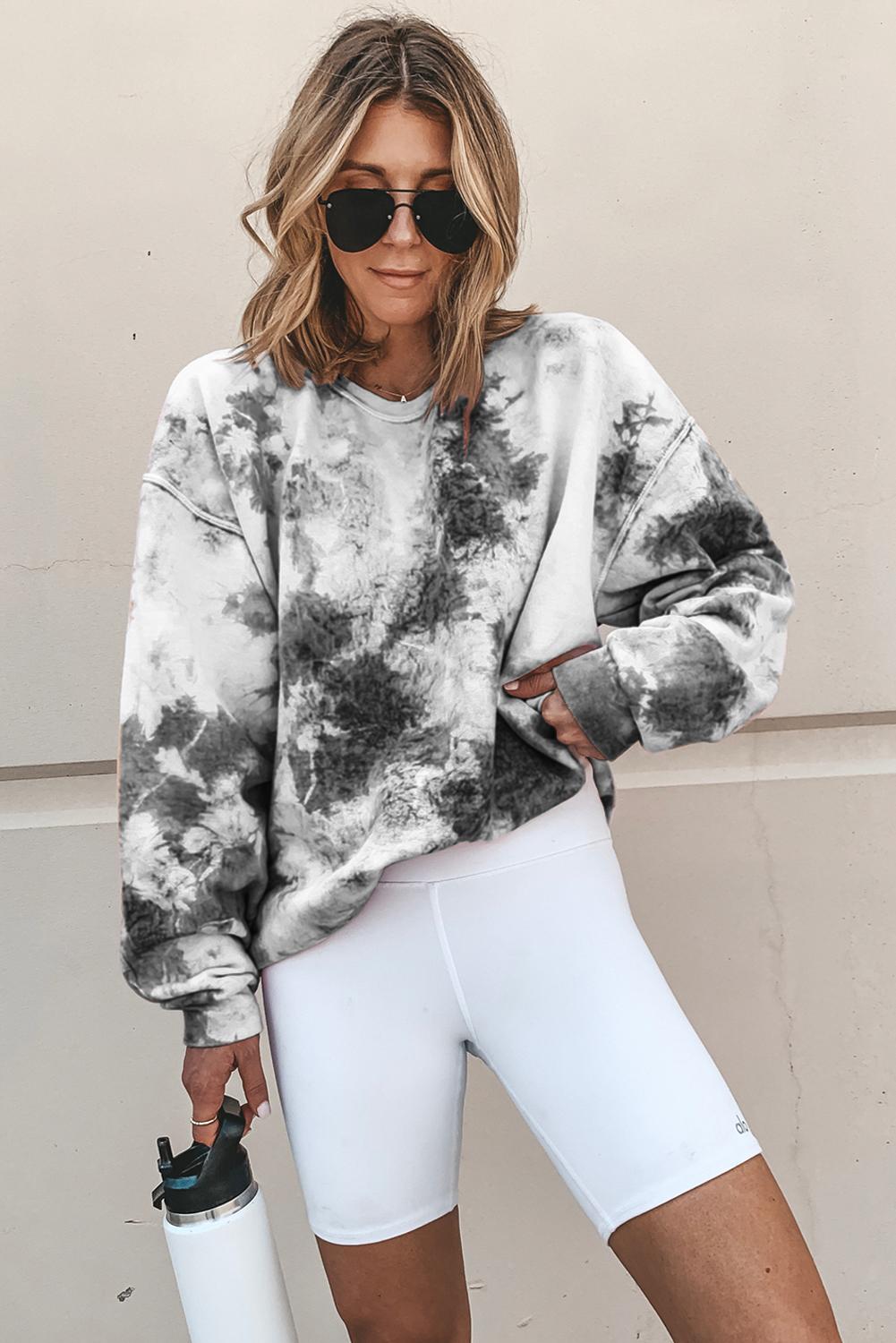 Gray Tie-dyed Round Neck Sweatshirt