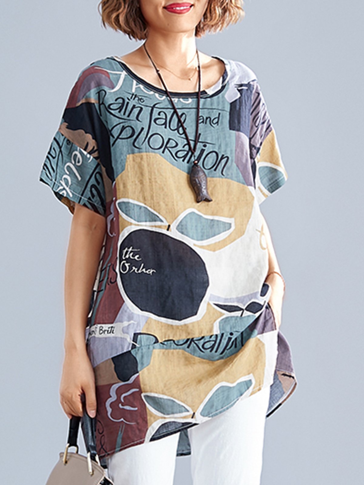 Plus Size Women Short Sleeve Round Neck Vintage Floral Casual Tops