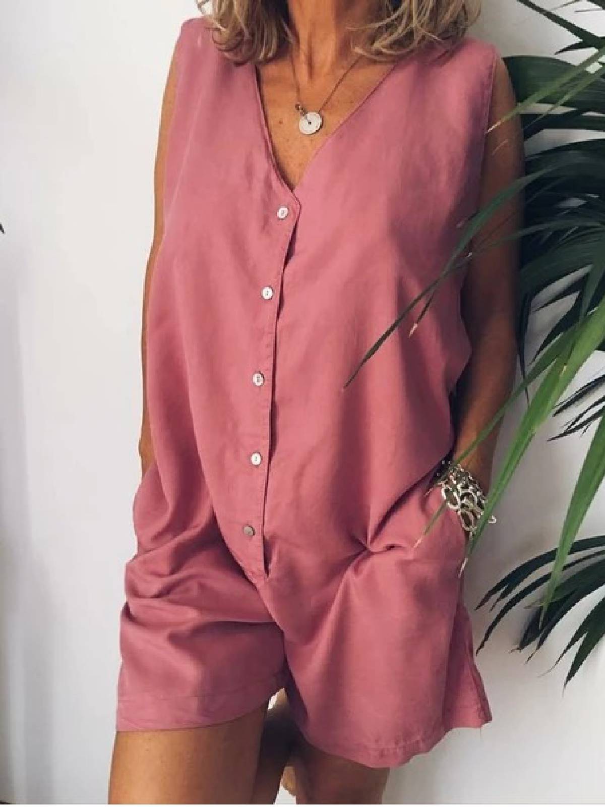 Plus Size Casual V Neck Solid Sleeveless Pockets Jumpsuits