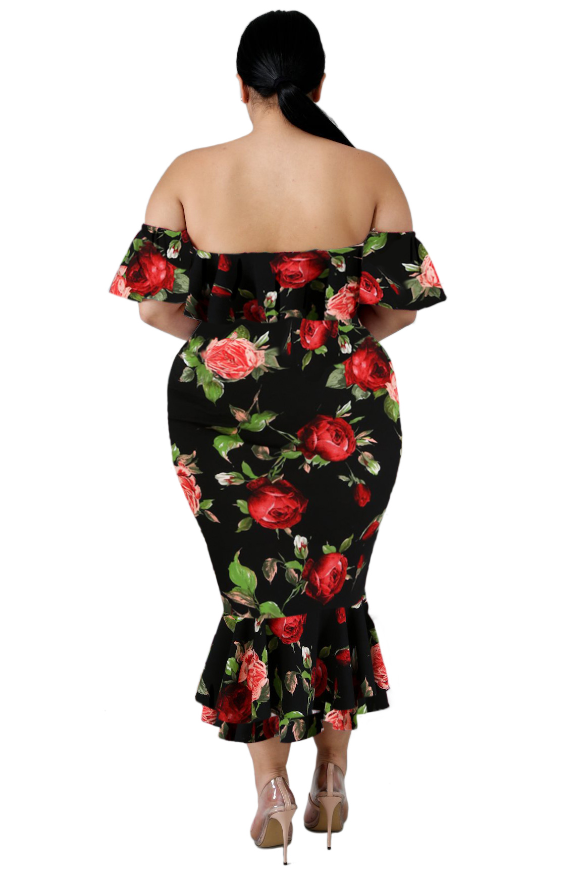 Black Off-the-shoulder Floral Mermaid Plus Size Dress