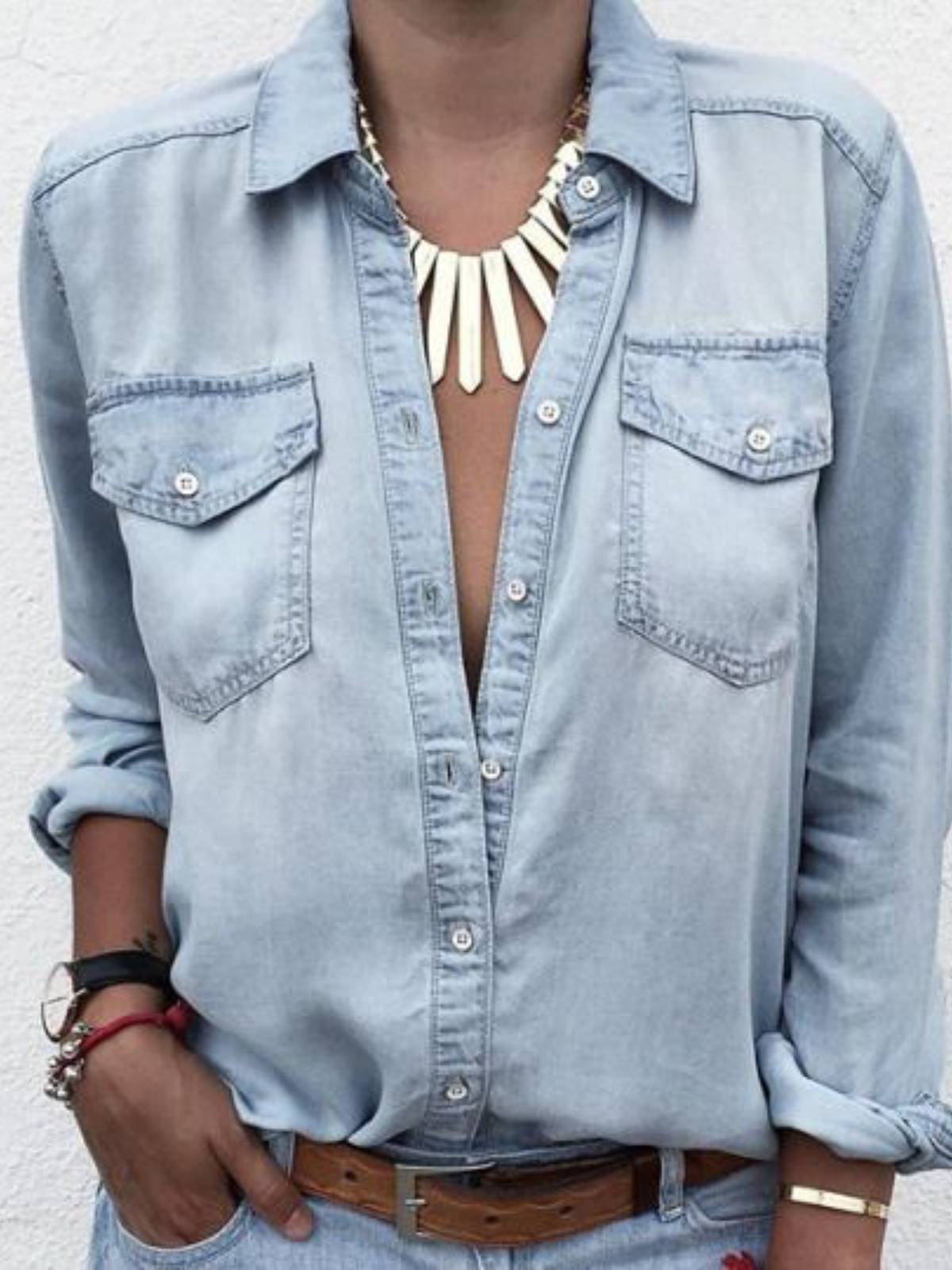 Blue Casual Shirt Collar Plain Cotton-Blend Shirts & Tops