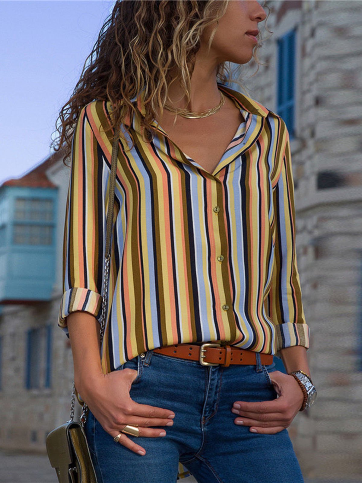 Stripe Printed Long Sleeve Casual Shirt Collar Blouses