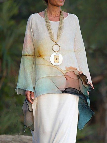 Women Causal Tops Crew Neck Long Sleeve Asymmetrical Shirts