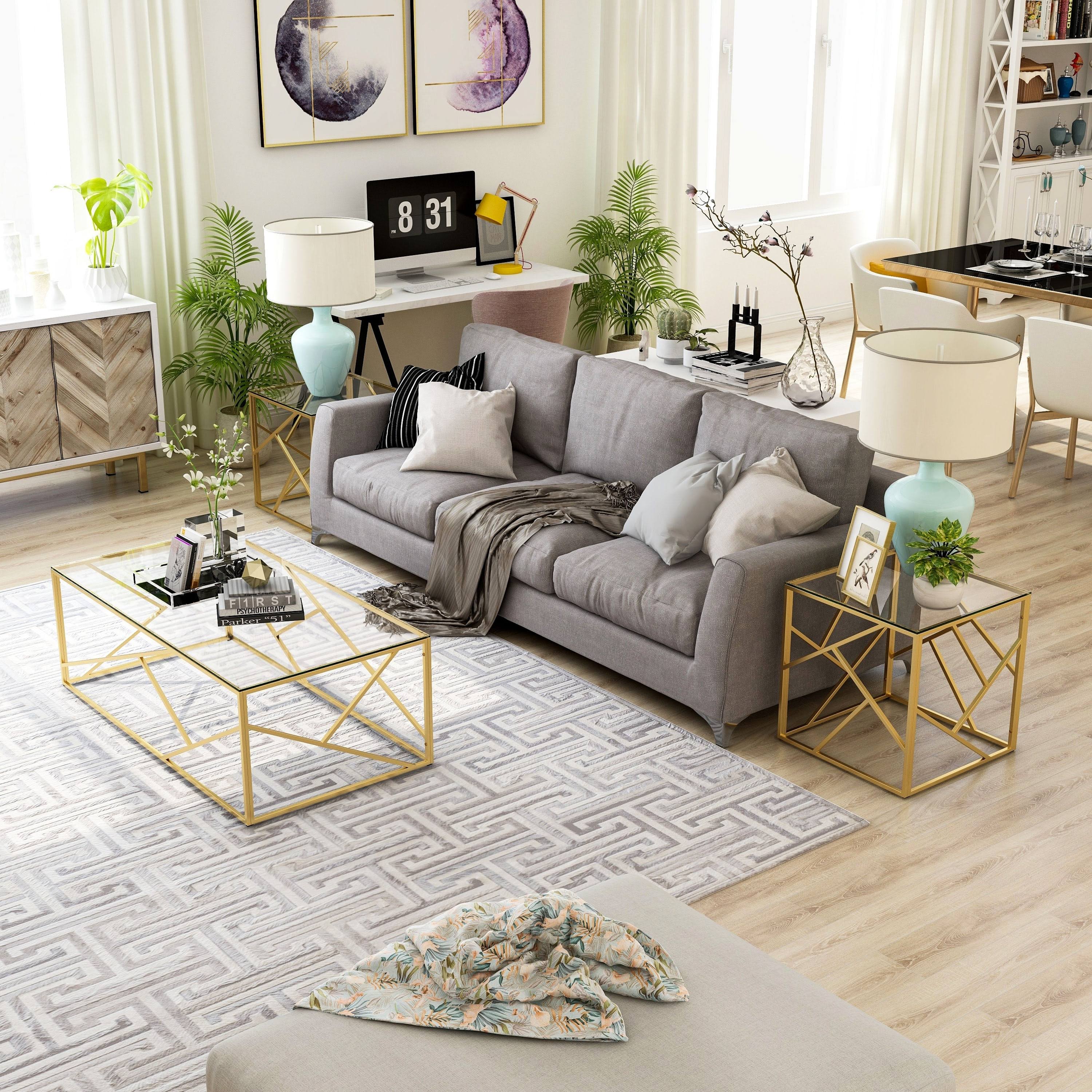 Furniture of America Enderin Contemporary Metal/Tempered Glass 3-Piece Accent Table Set (Chrome Finish - Silver)