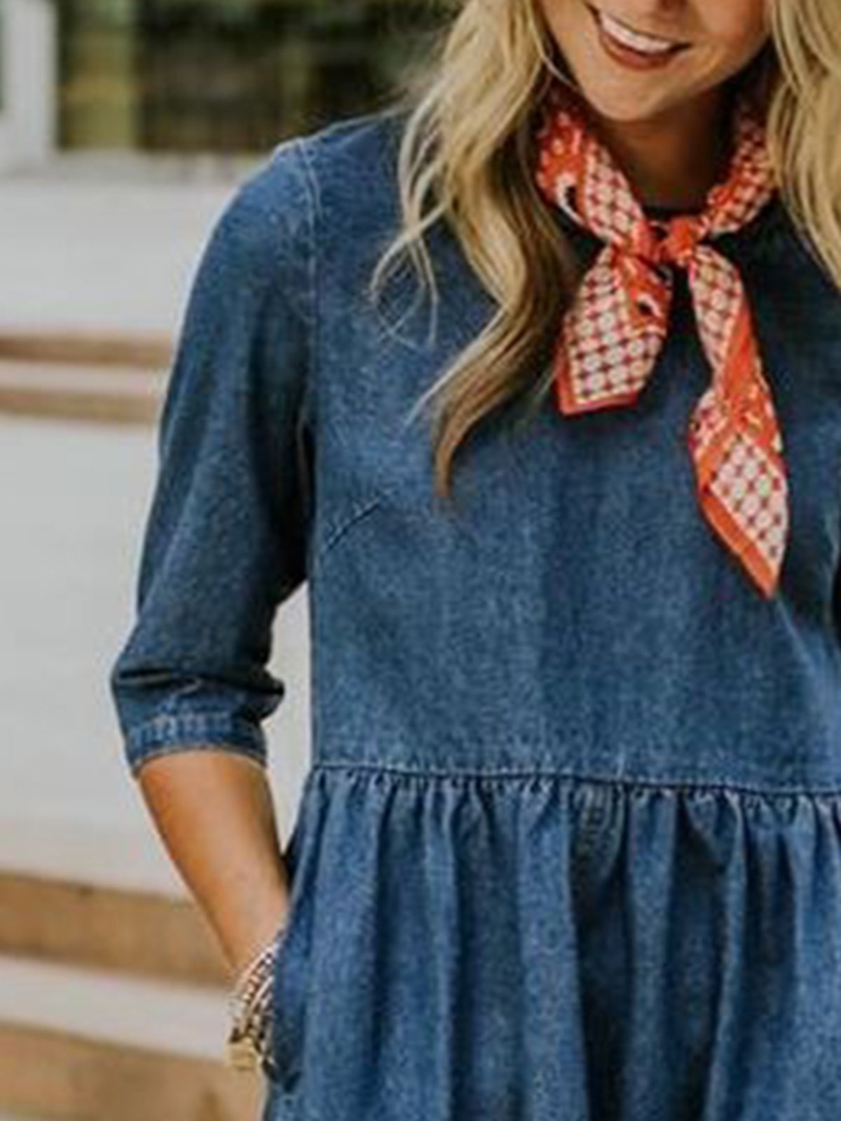 Blue Half Sleeve Crew Neck Plain Denim Dresses