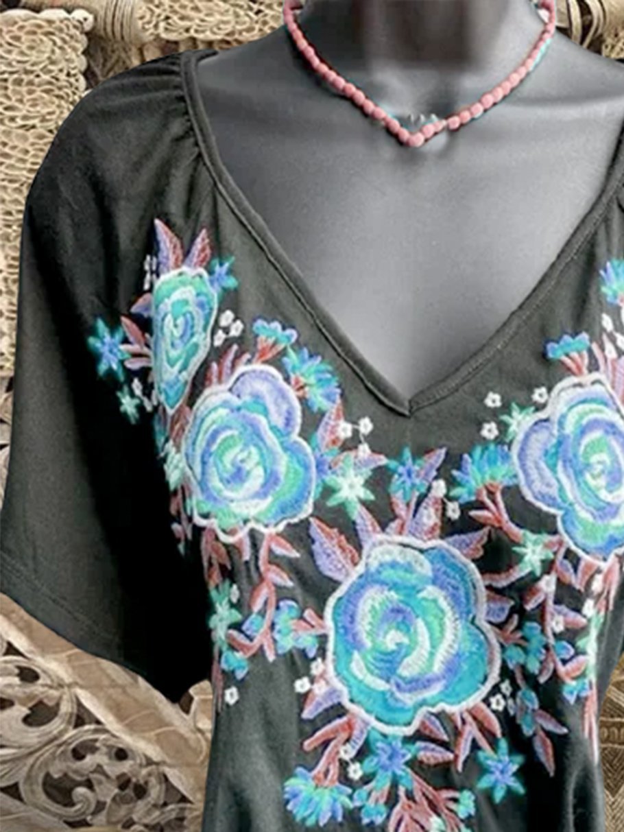 Short Sleeve V Neck Casual Floral Shirts & Tops