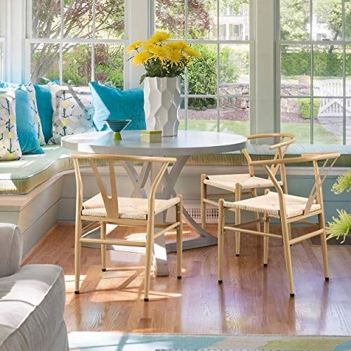 Set of 4 Weave Chair Mid-Century Metal Dining Chair Y-Shaped Backrest Hemp Seat