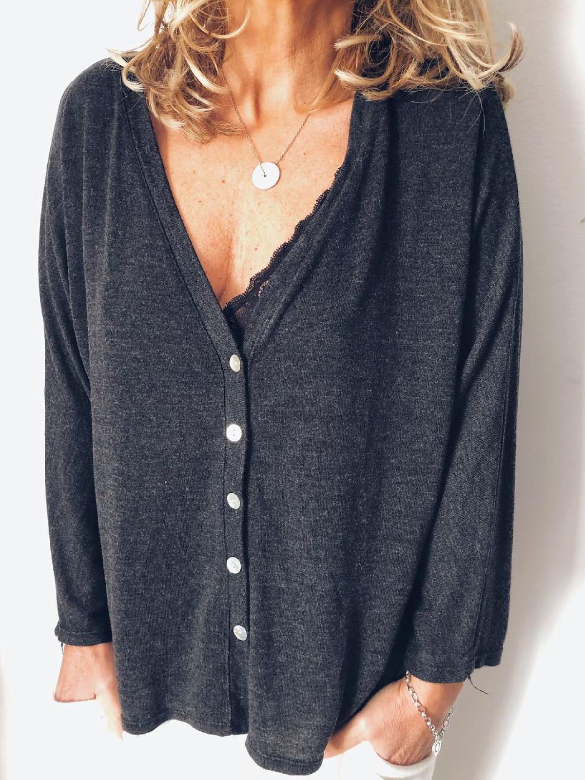Plus Size Solid Casual Long Sleeve  V Neck Outerwear