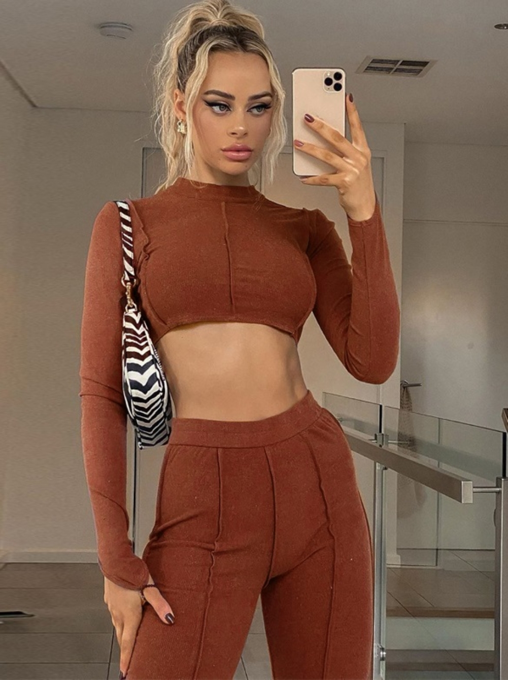 Solid Color Lace-Up Back Crop Top and High Waist Pants Set