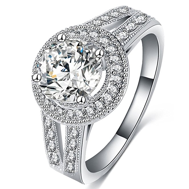 FENDINA Womens Jewelry Vintage Wedding Engagement Bands Solitaire Rings for Anniversary Band Her - 18K White Gold Plated - Luxurious Series-FR974