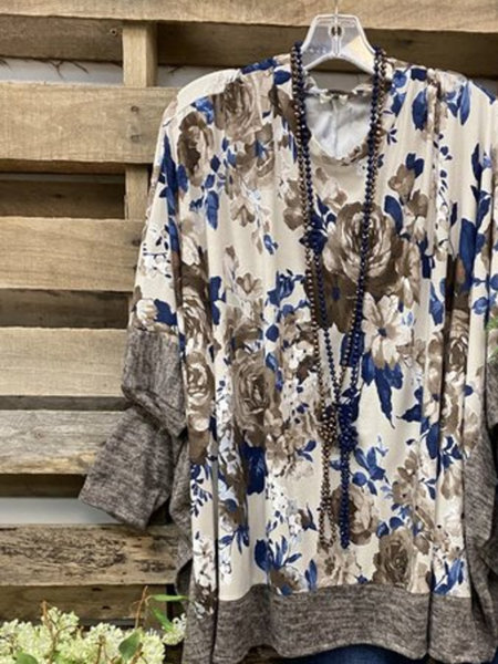 Casual V Neck Floral-Print Cotton-Blend Shirts & Tops