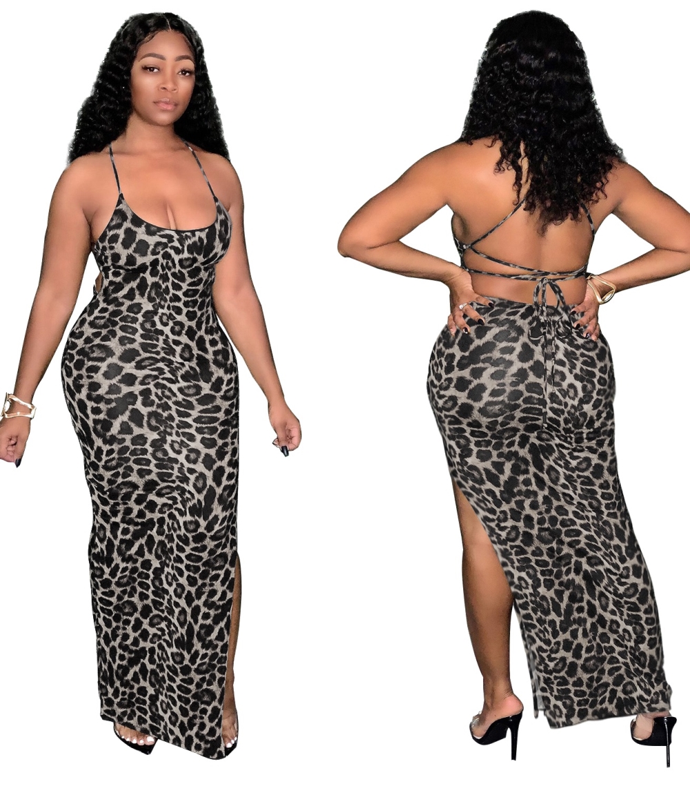 Leopard Print Slit Halter Long Party Dress