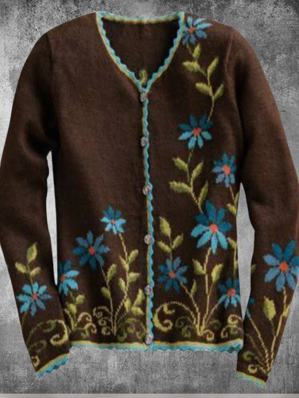 Long Sleeve Cotton-blend Crew Neck Casual Floral Vintage Knitted Cardigans