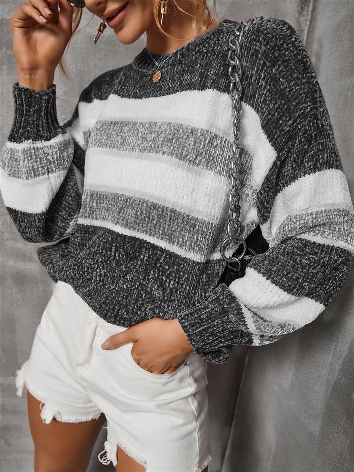 Fashion Contrast Color Design Round Neck Striped Knitted Pullover Sweater