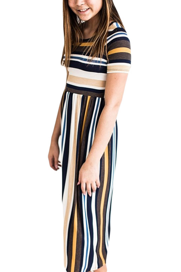 Yellow Multicolor Striped Baby Girl Maxi Dress