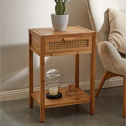 Modern Minimalism Nightstand End Table w/ Woven Pattern Drawer & Shelf Storage