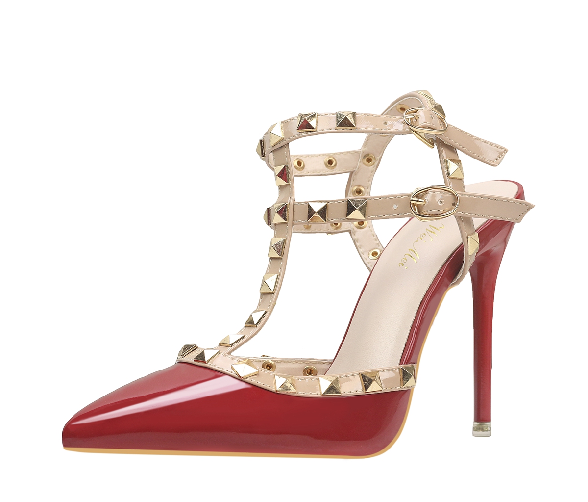 Asmxing 10CM Patent Leather Metal Rivets High Stiletto Heel Sandals