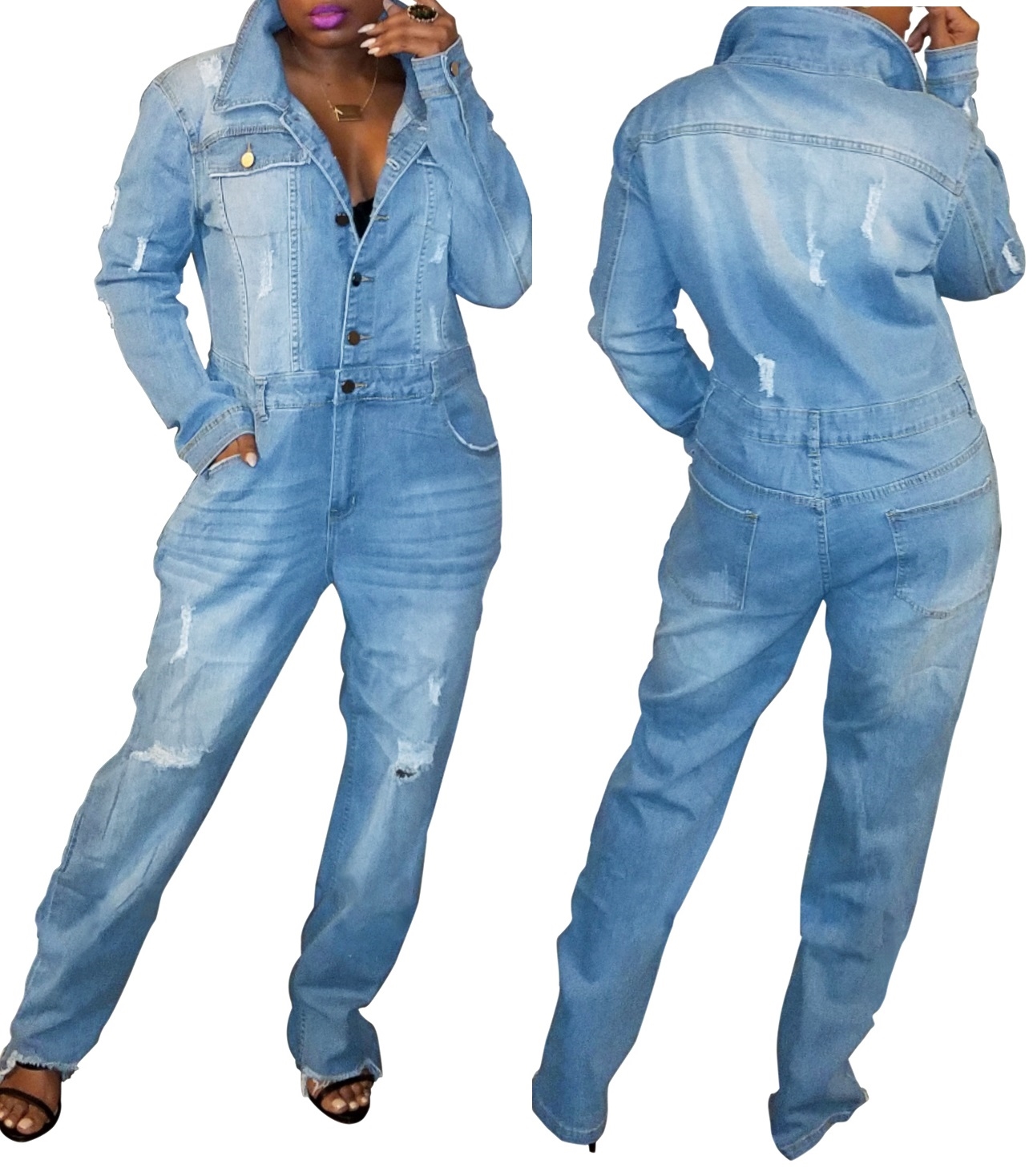 Button Up Blue Denim Jumpsuit with Sleeves