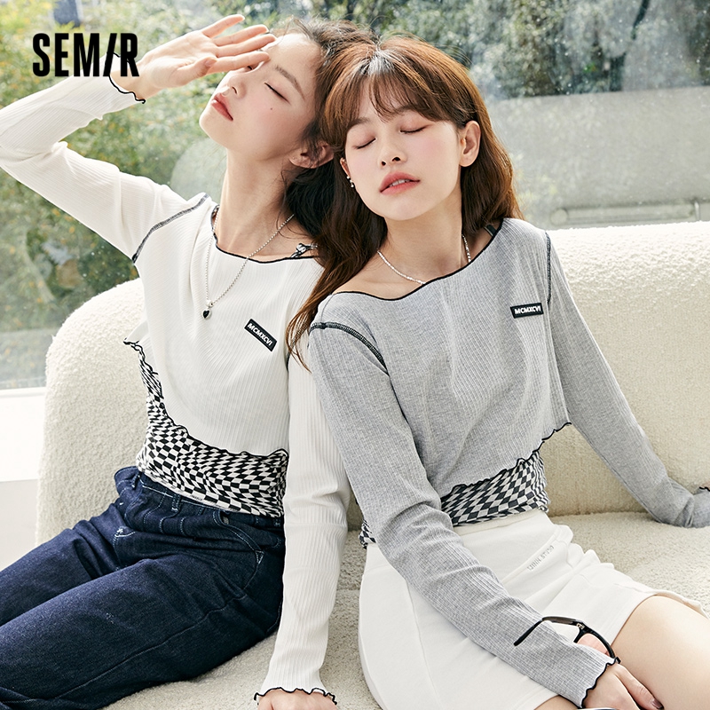 three Semir T-Shirt Women Short Long-Sleeved Pullover Checkerboard Sweet And Cool 2022 Spring New Slim Two-Piece Design Sense