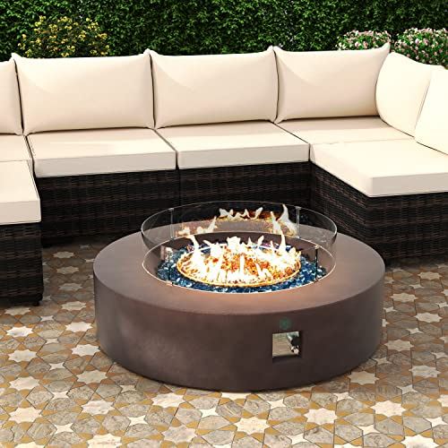 UPHA 42” Patio Propane Gas Concrete Fire Pit Table, Round with Wind Guard and Fire Table Tank, 50000 BTU Auto-Ignition Fire Table, 42”L x 42”W x 13”H, Brown