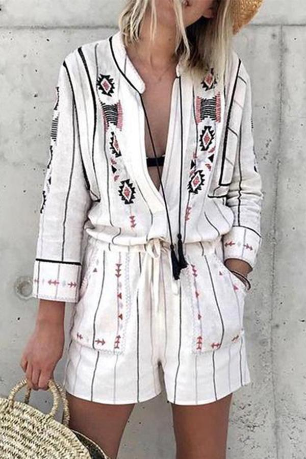 Fashion Turndown Collar Loose Printed Colour Jumpsuits