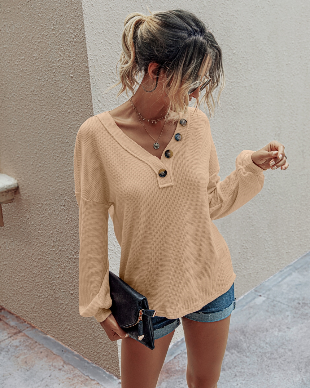Autumn Plain V-Neck Knitted Shirt