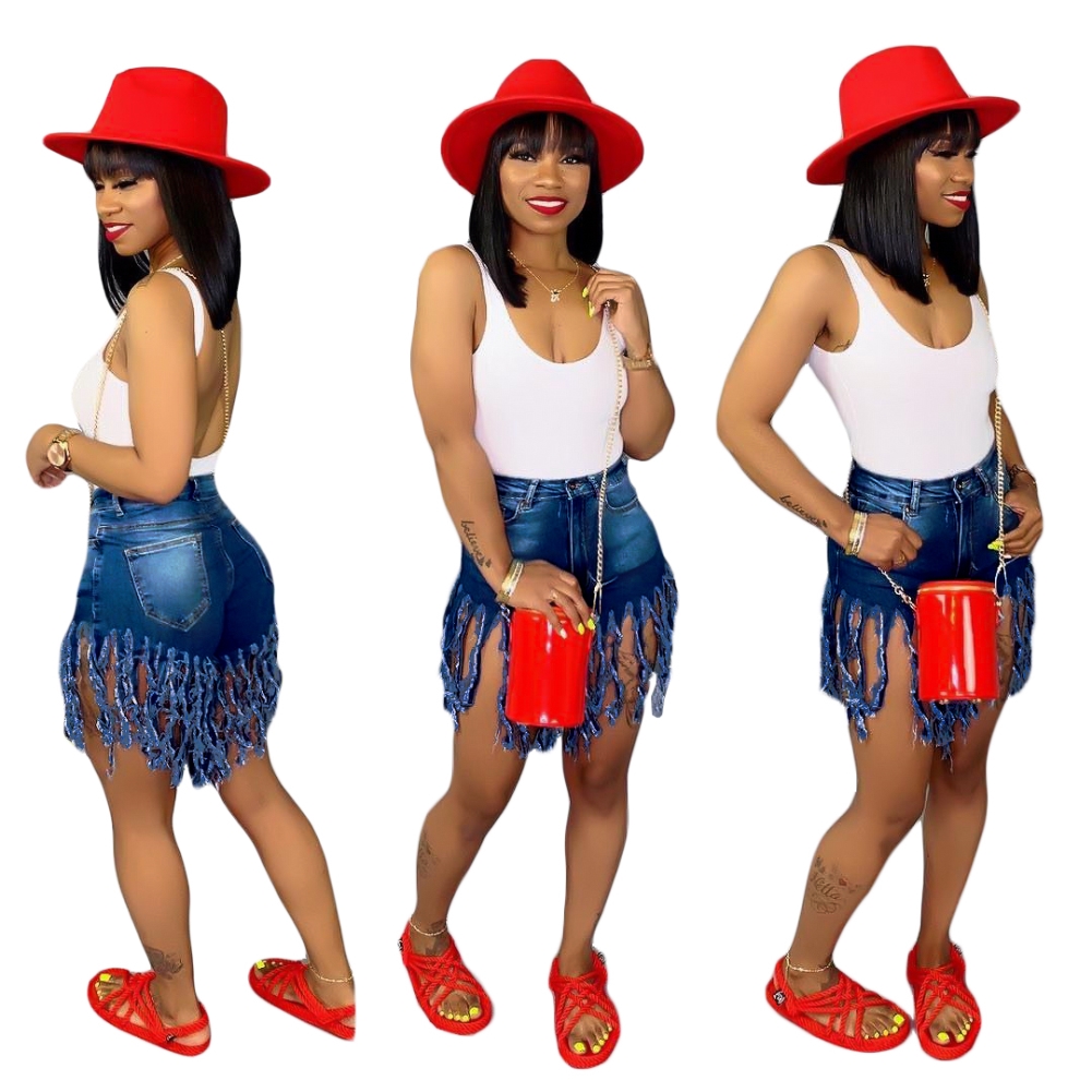 Stylish High Waist Tassels Denim Shorts