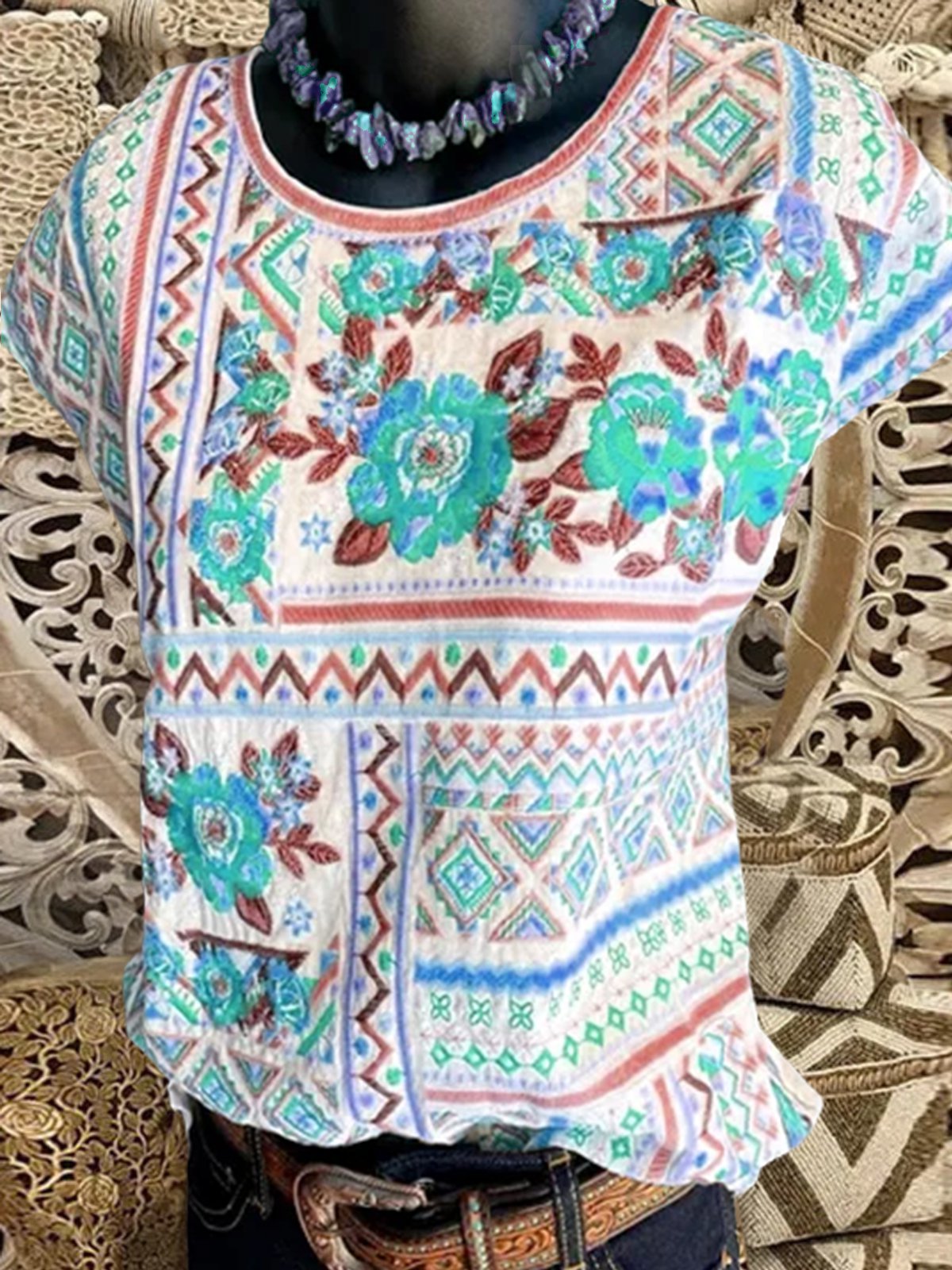 Geometric Flowers Casual Cotton-Blend Shirts & Tops