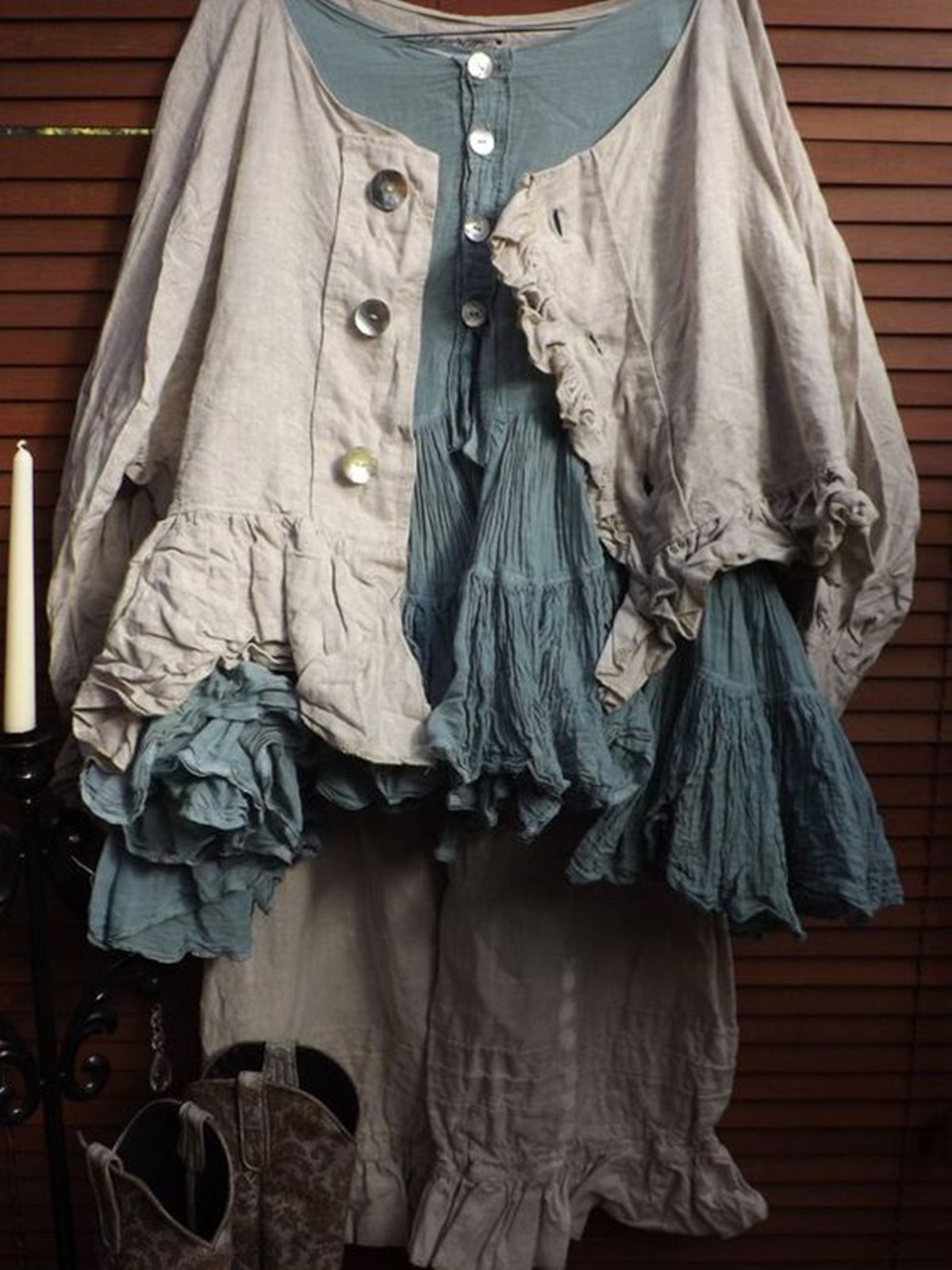 Blue Brown Crew Neck Shift Long Sleeve Linen Shirts & Tops