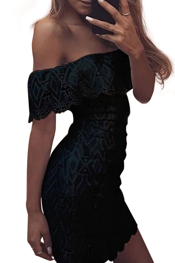 Black Lace Crochet Off Shoulder Scalloped Bodycon Dress