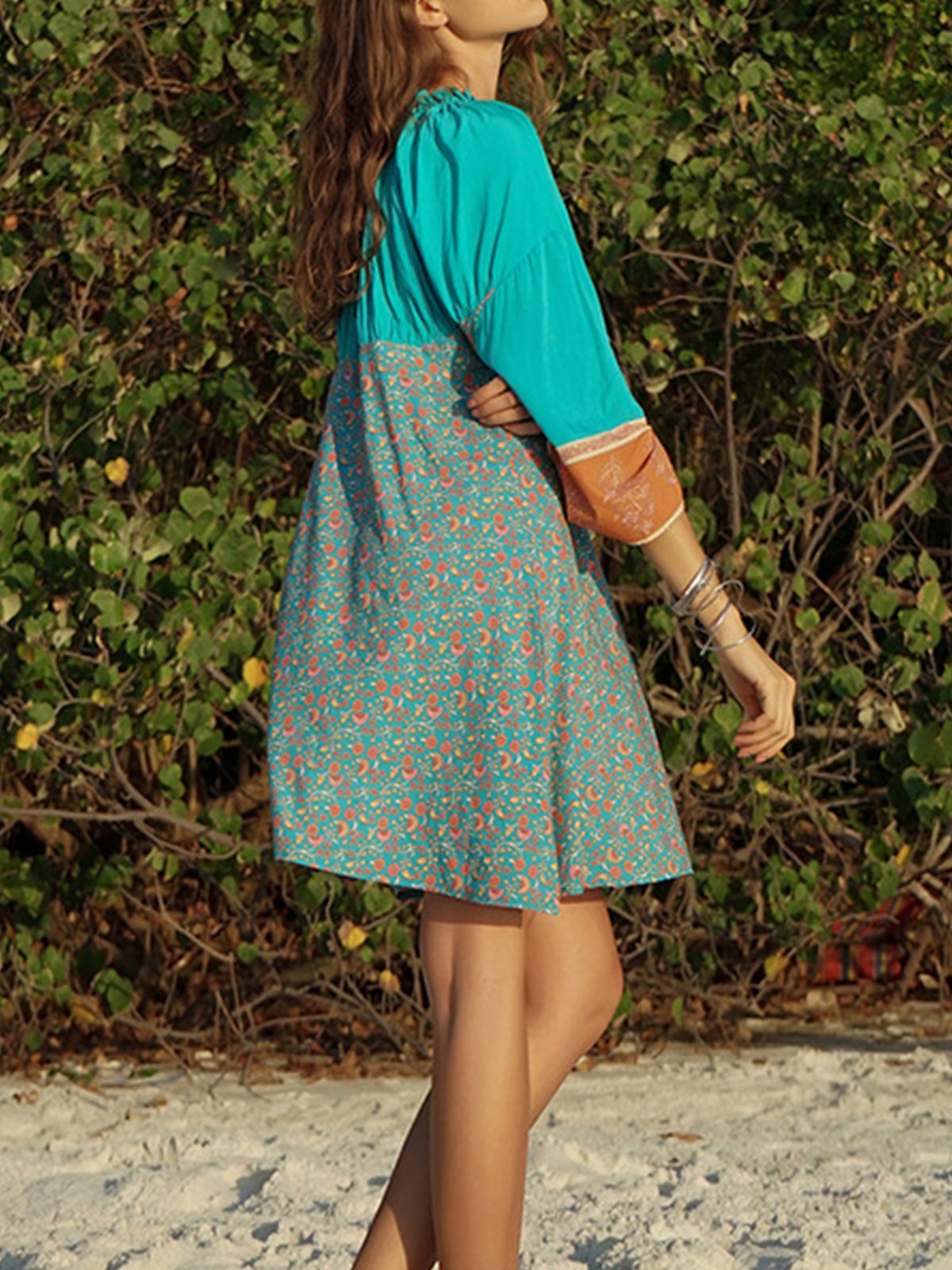 Green 3/4 Sleeve Cotton-Blend Dresses