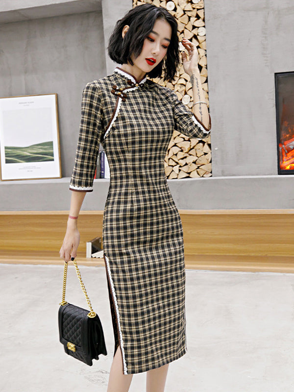 Modern Cotton Plaid Cheongsam Dress