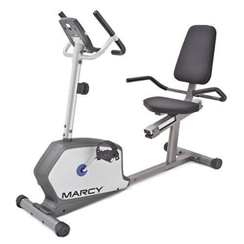 Marcy Recumbent Exercise Bike with Adjustable Seat and 8 Resistance Levels- Grey