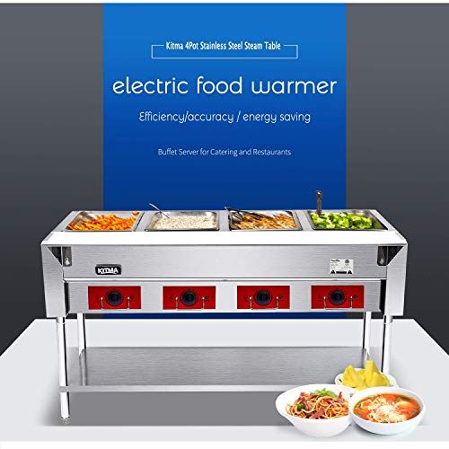 110V Food Warmer Commercial- Stainless Steel Steam Table, 4 Top Opening
