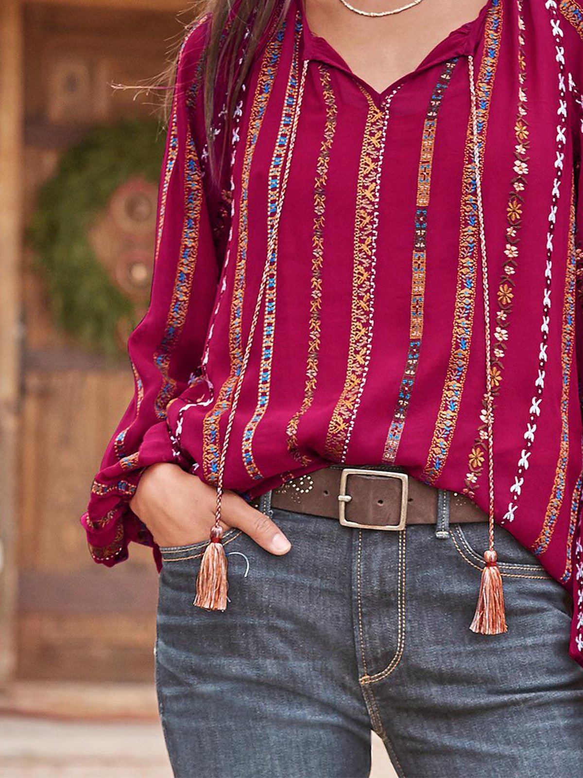 Printed V Neck Geometric Long Sleeve Shirts & Tops