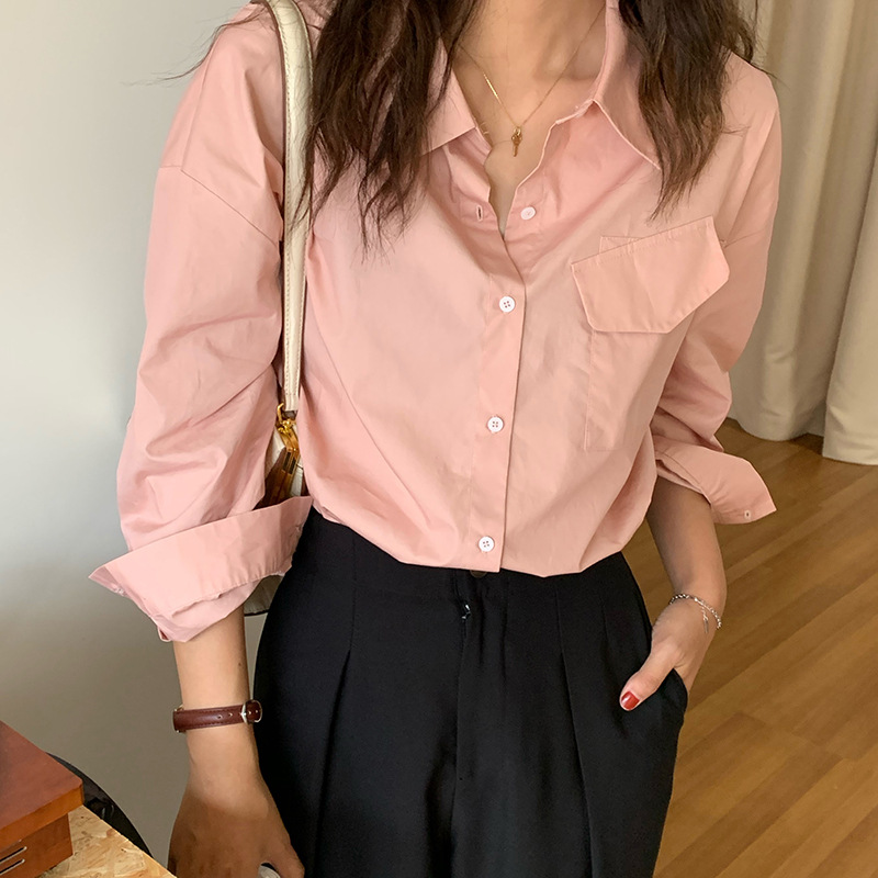 [黄峥]不规则拼贴口袋纯色长袖衬衫女2020秋季韩版宽松衬衣C78278