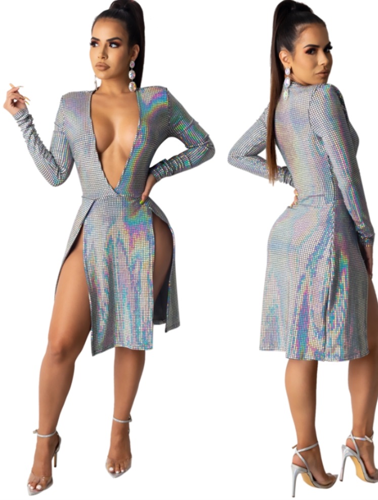 Deep-V Sequins Slit Long Sleeve Club Dress