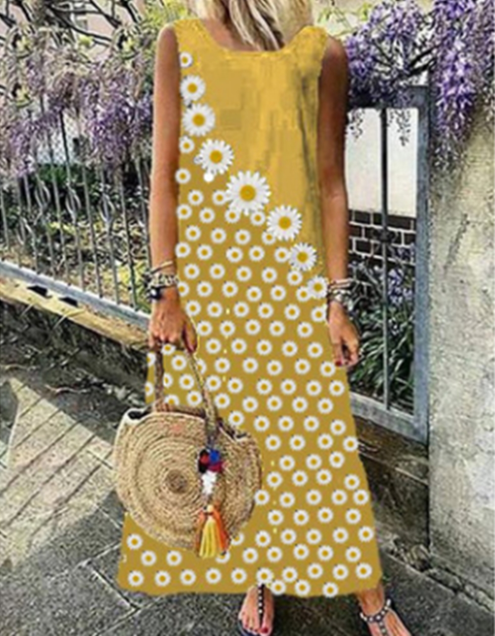 Flower Print Sleeveless Long Boho Dress