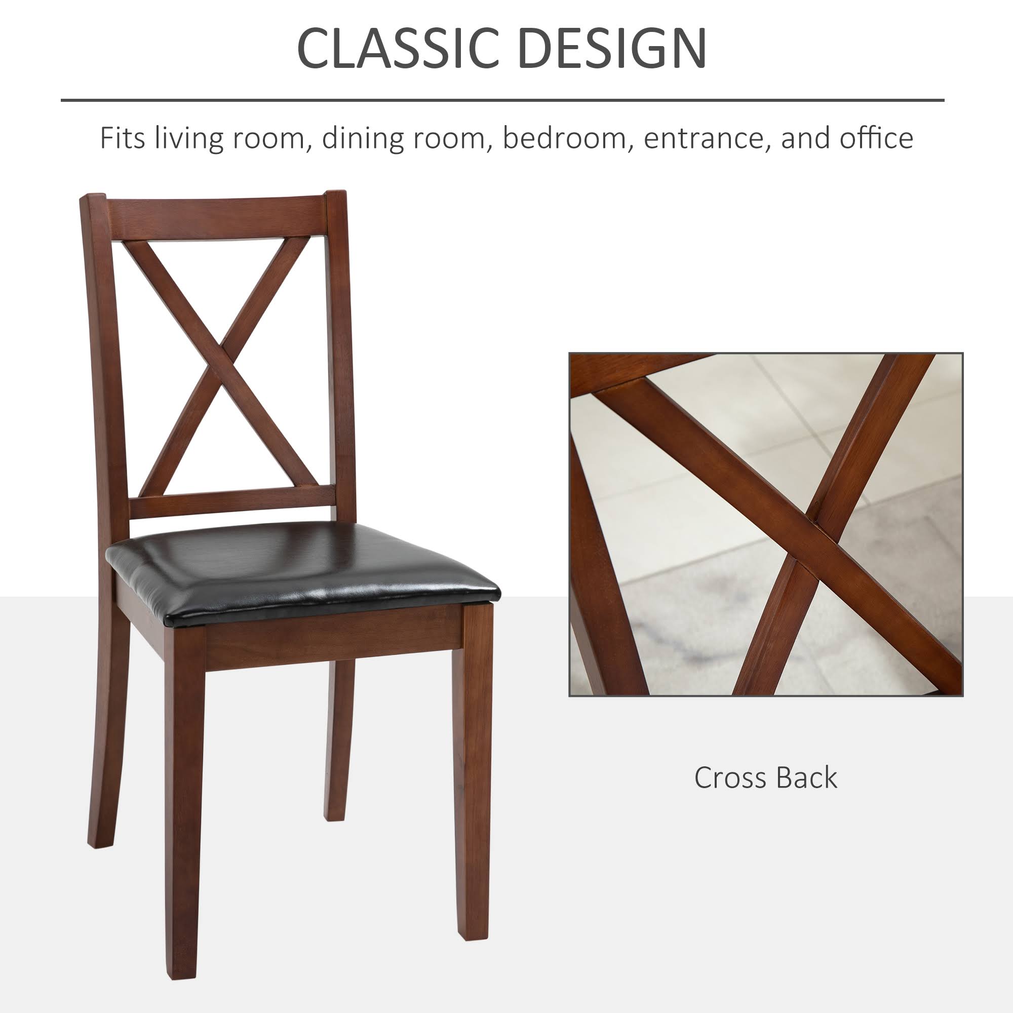 HOMCOM High Back Dining Chairs Set of 2 PU Upholstered Cross Back Design Armless Side Chairs with Solid Wood Legs Black