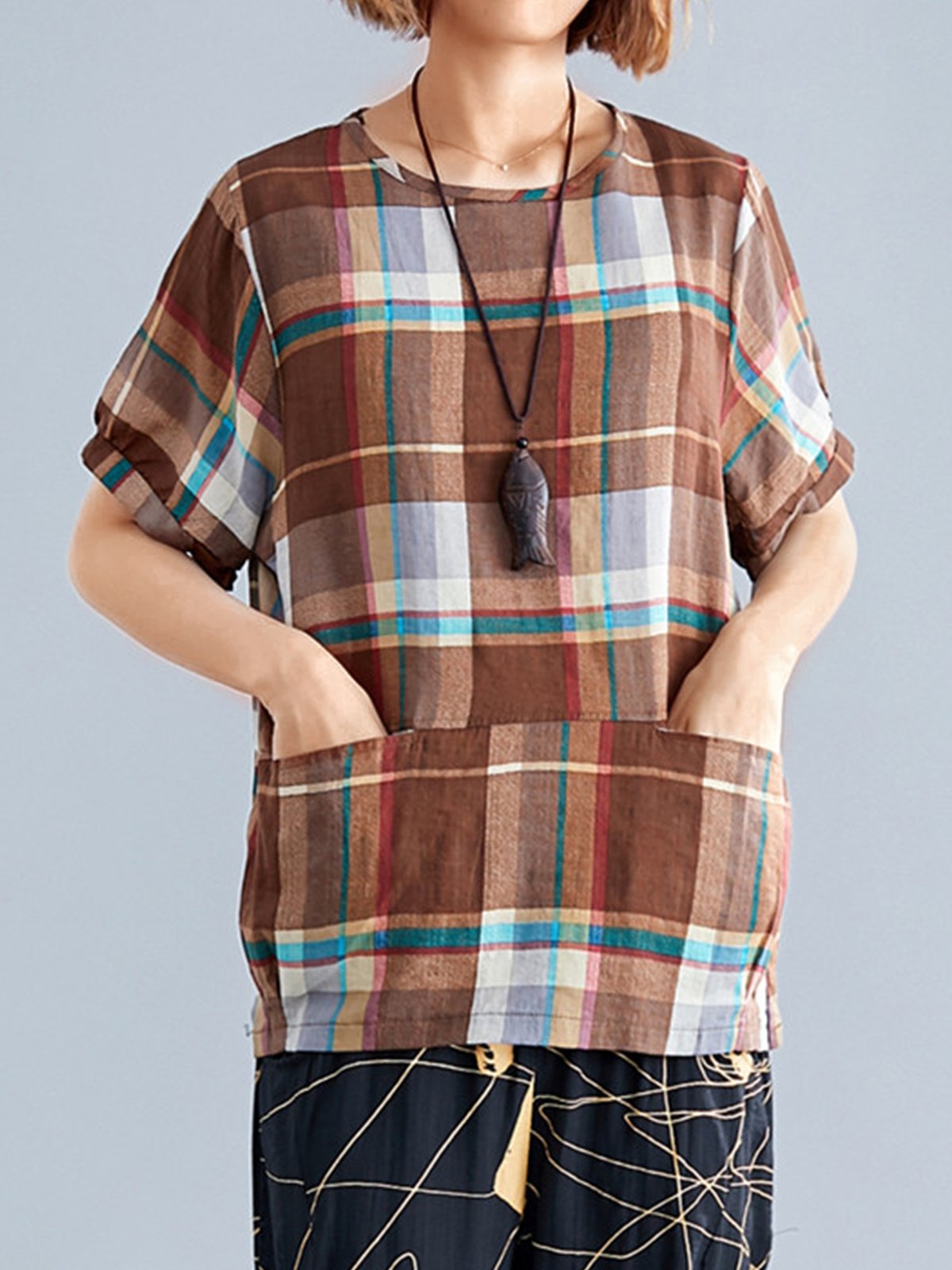 Plus Size Women Short Sleeve Round Neck Vintage Plaid Floral Casual Tops