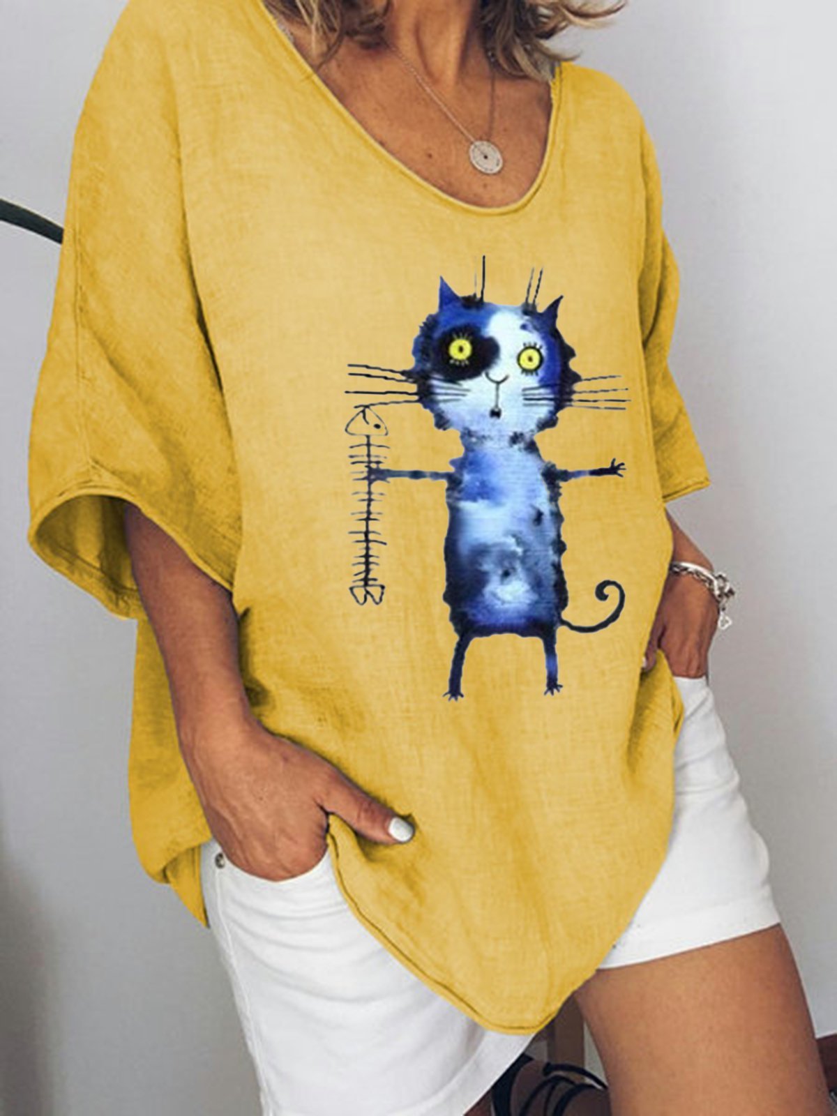 Animal Printed V-neck 3/4 Sleeve Blouse