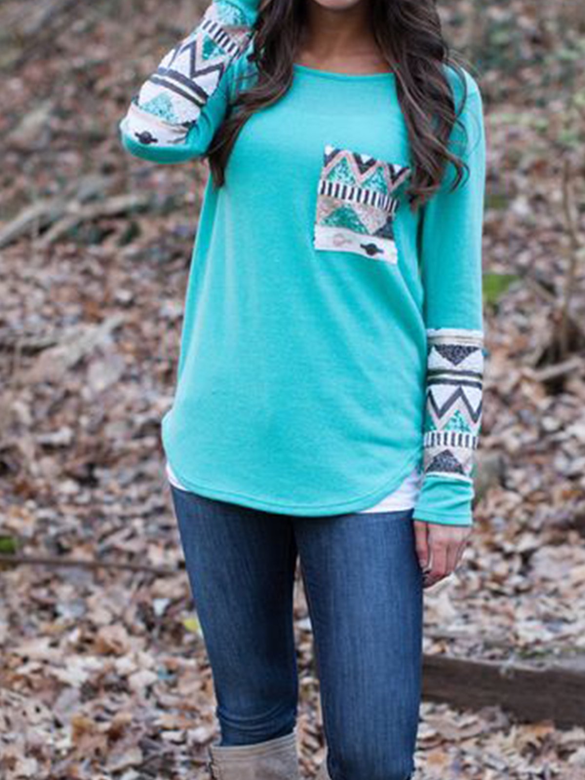 Boho Geometry Long Sleeve Crew Neck Shirts & Tops