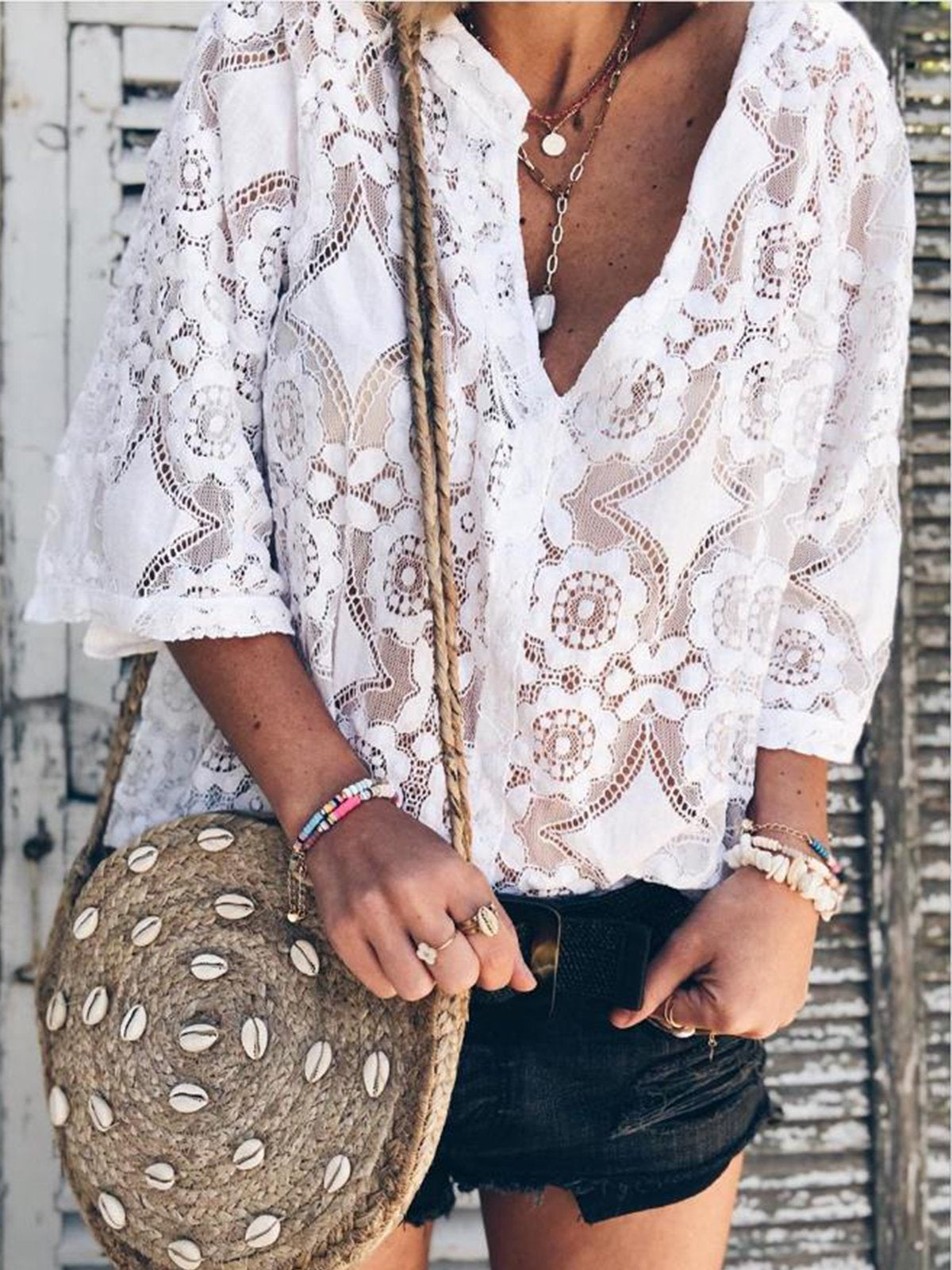 Plus Size Casual V Neck 3/4 Sleeve Shirts & Tops